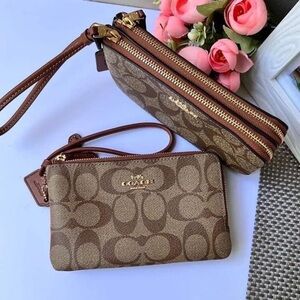 Coach Brown Double Corner Wristlet Signature Canvas